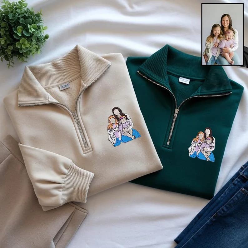 Custom Embroidered Mom Portrait Quarter Zip Sweatshirt