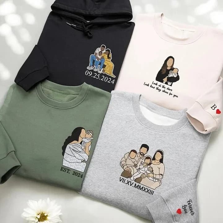 Custom Family Portrait Embroidered Sweatshirt - A Special Gift for Mom